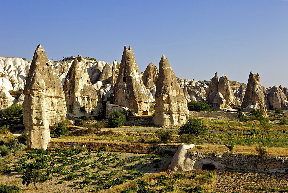 Fairy Chimneys rock formation landscape near Goreme, in Cappadocia, Turkey