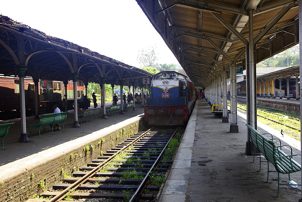 Train at platform, Kandy train station, Kandy, Sri Lanka, Asia