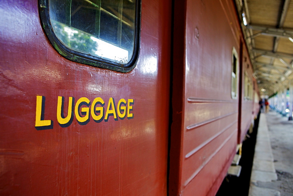 Train at platform, Kandy train station, Kandy, Sri Lanka, Asia