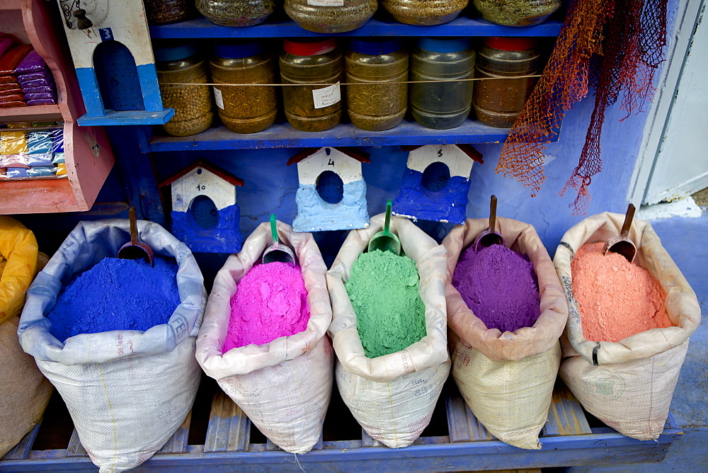 Bag of powdered pigments to make paint, Chefchaouen, Morocco, North Africa, Africa