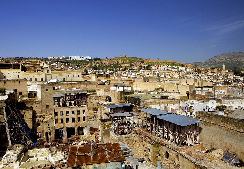 Tannery and cityscape, Fes (Fez), Morocco, North Africa, Africa