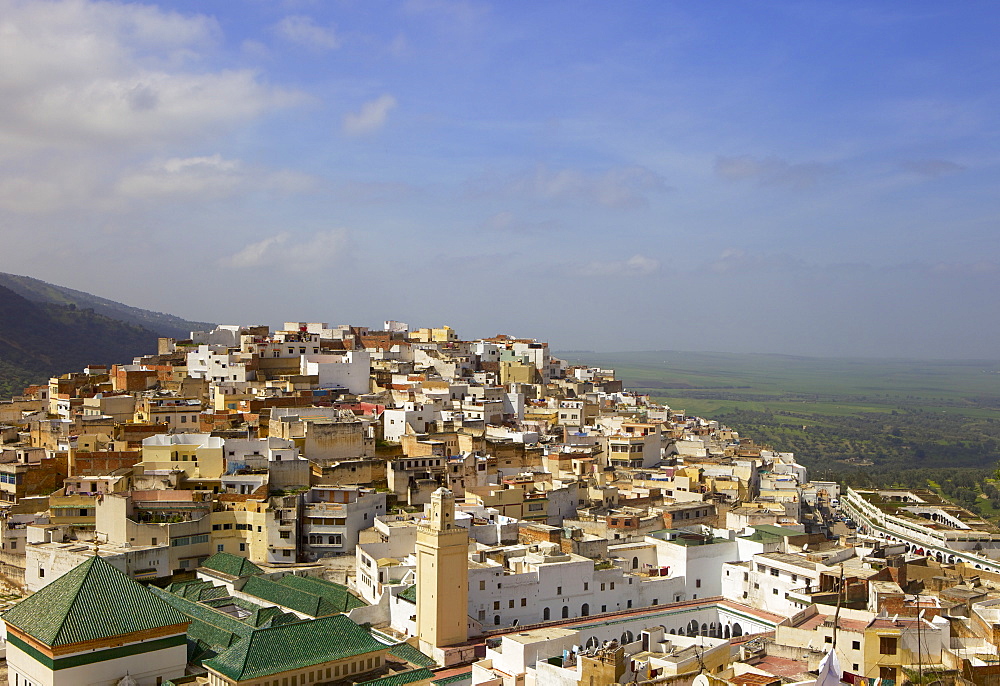 Aerial view of the green tiled roofs of the sacred city of Moulay Idriss, including the tomb and Zaouia of Moulay Idriss, Morocco, North Africa, Africa