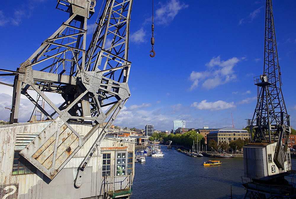 Bristol's floating harbour and an old Dockside crane, Bristol, England, United Kingdom, Europe