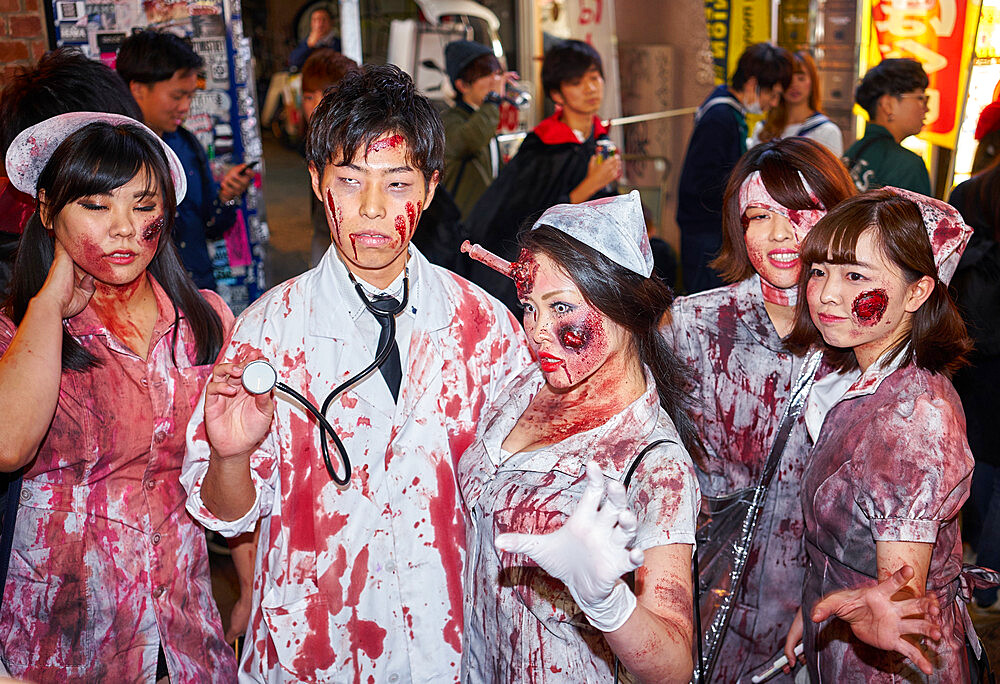 Doctors and nurses zombie costumes at the Halloween celebrations in Shibuya, Tokyo, Japan, Asia