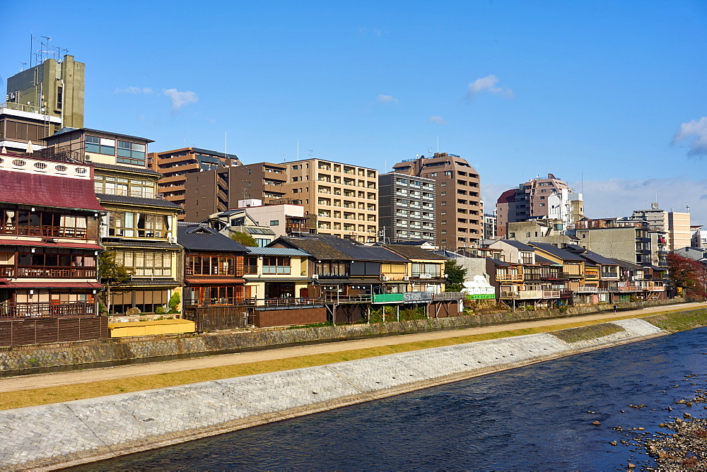 View of the Kamo River and Pontocho district, Kyoto, Japan, Asia