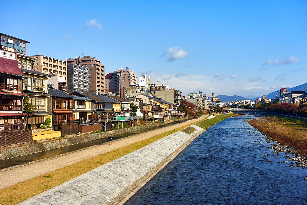 View of the Kamo River and Pontocho district, Kyoto, Japan, Asia