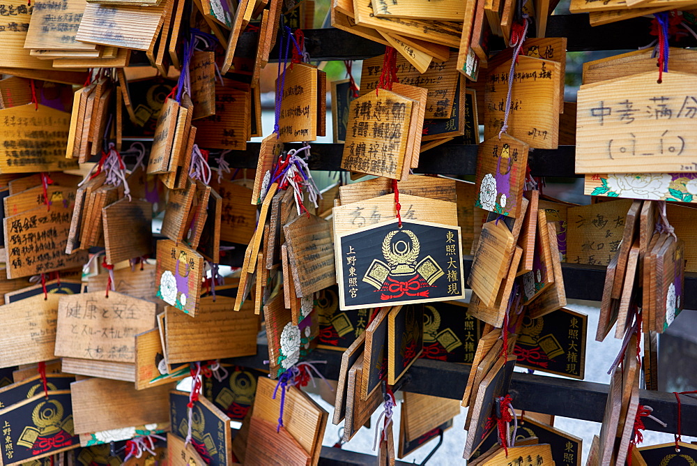 Votives (Ema prayer tablets) at Toshogu Shrine in Ueno Park, Tokyo, Japan, Asia