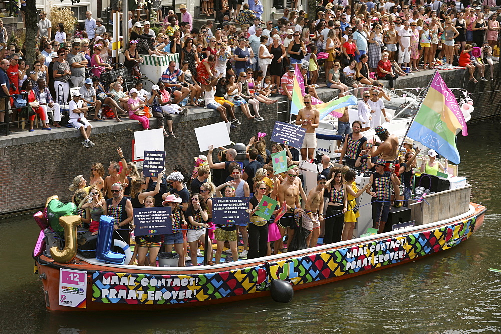 Boat at Gay Pride parade, Canal parade in Amsterdam, North Holland, The Netherlands, Europe