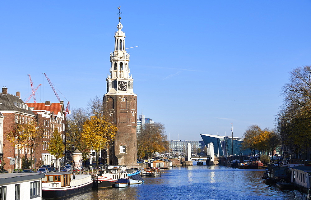 Montelbaanstoren Tower and Oudeschans canal, Amsterdam, North Holland, The Netherlands, Europe