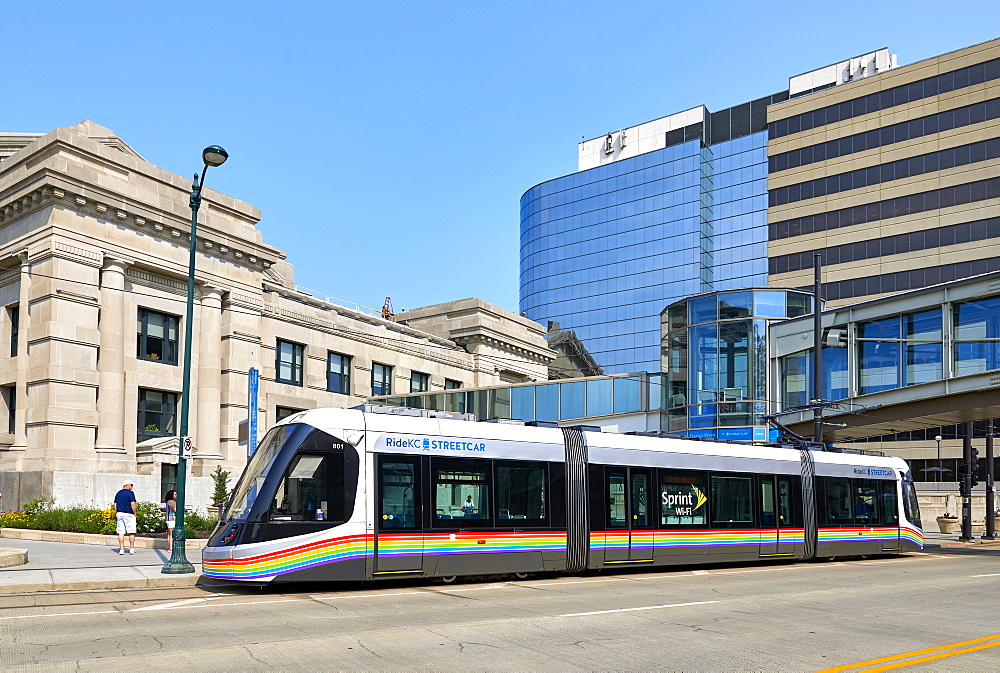 A Kansas City Streetcar outside Union Station in Downtown Kansas City, Missouri, United States of America, North America