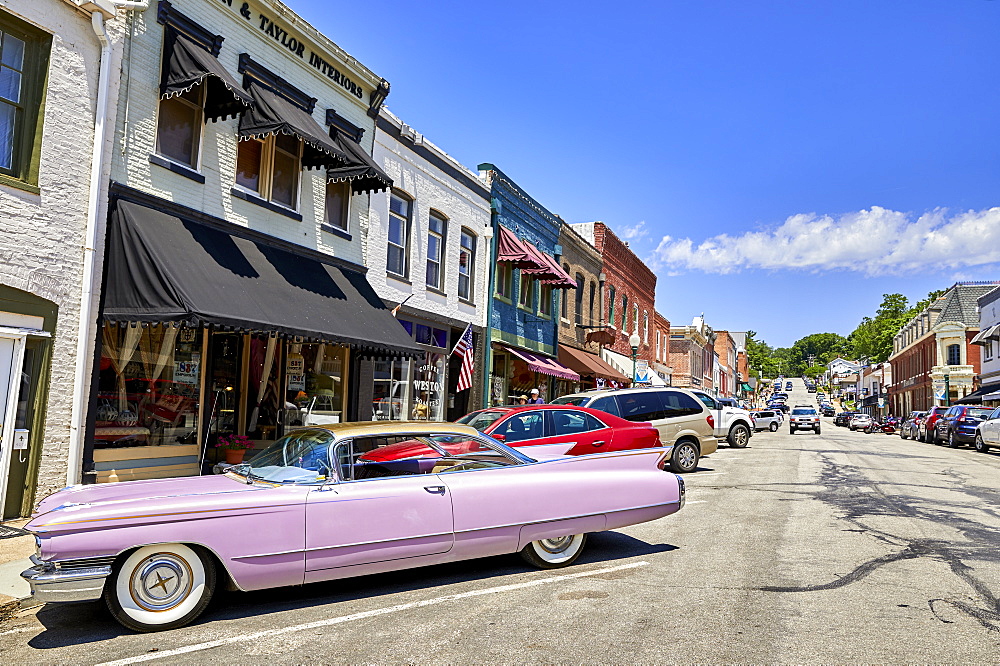 A pink 60s Cadillac in the historic old town of Weston, Missouri, United States of America, North America