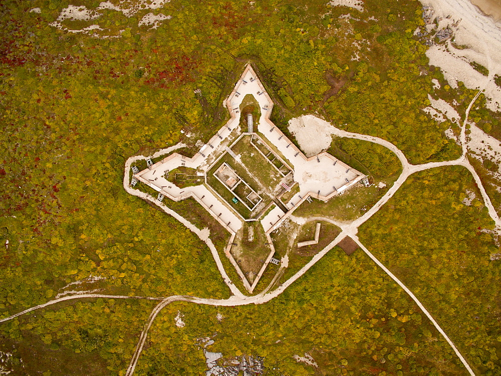 Aerial view of Prince of Wales Fort along coast of Hudson Bay, Churchill, Manitoba, Canada