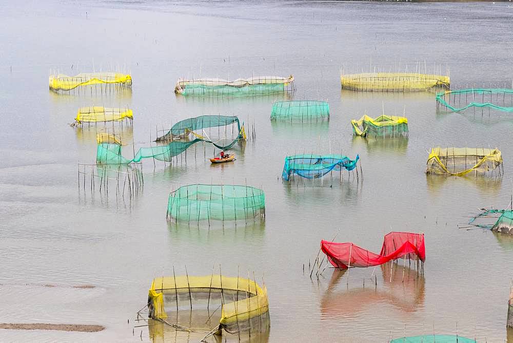 Cages with nets for raising fish in open sea, Fish Farming, cages under construction, Xiapu County, Fujiang Province, China