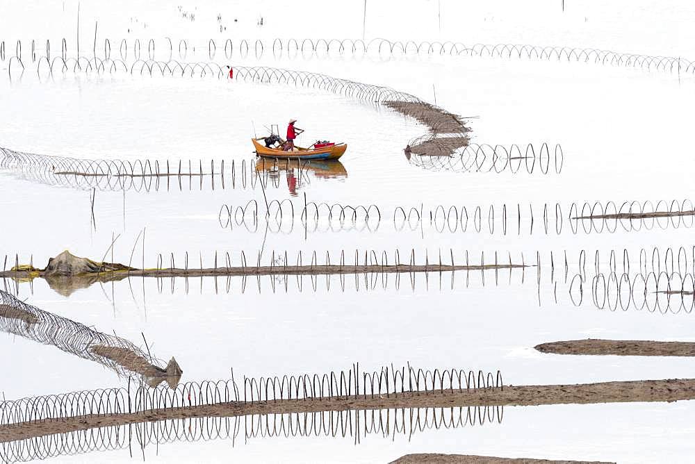 Fish catching, nets in open sea, Xiapu County, Fujiang Province, China