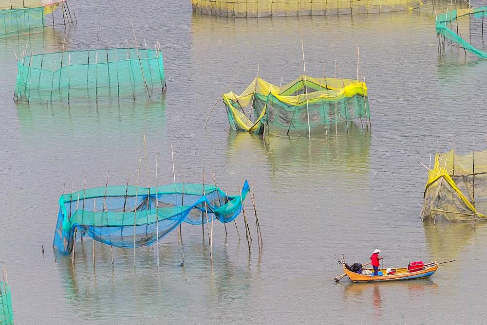 Cages with nets for raising fish in open sea, Fish Farming, cages under construction, Xiapu County, Fujiang Province, China