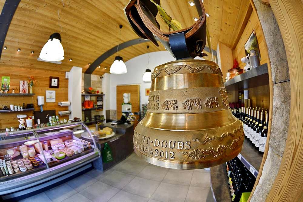 Comte cheese making, bell, Cheese factory and shop, Damprichard, Doubs, France