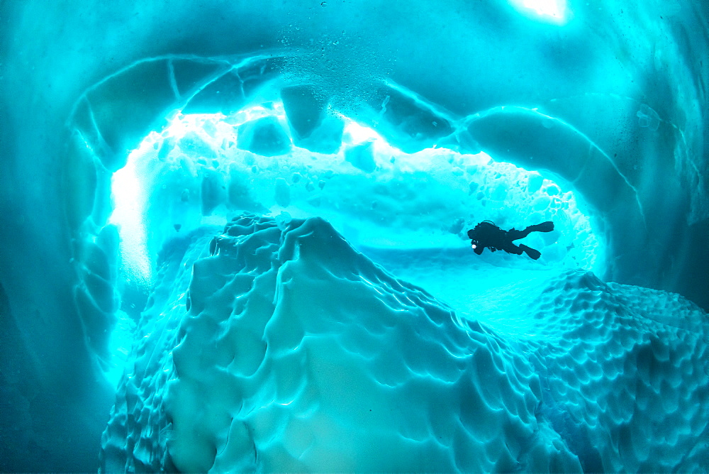 Only in springtime, when the hard winter slowly subsides, are the ice-cold waters suitable for divers who can dive around a iceberg that floats in crystal-clear water, Tasiilaq, East Greenland