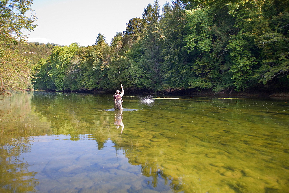 Fly fishing on the Loue river, Franche-Comté, France