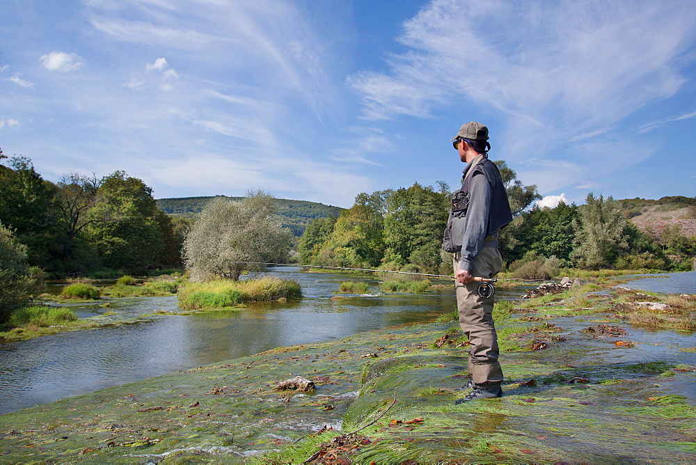 Fly fishing on the Loue river, Franche-Comté, France