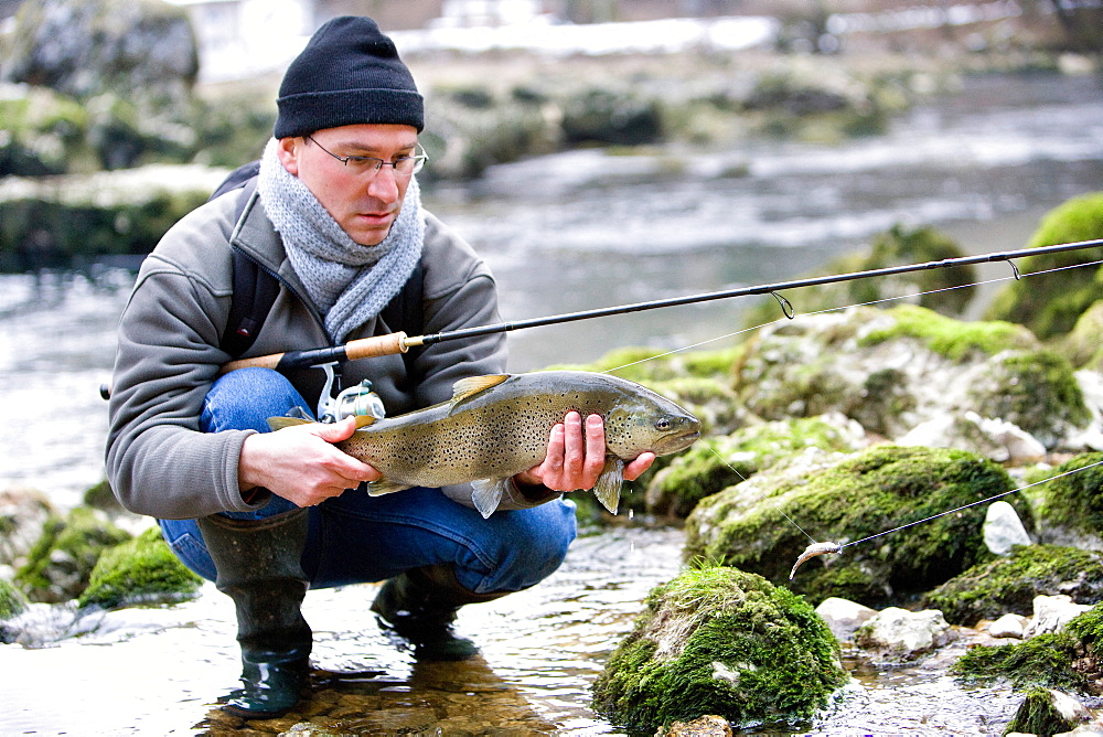 Trout fishing on the Doubs river, Catch a big wild trout, Goumois, Doubs, Franche-Comté, France