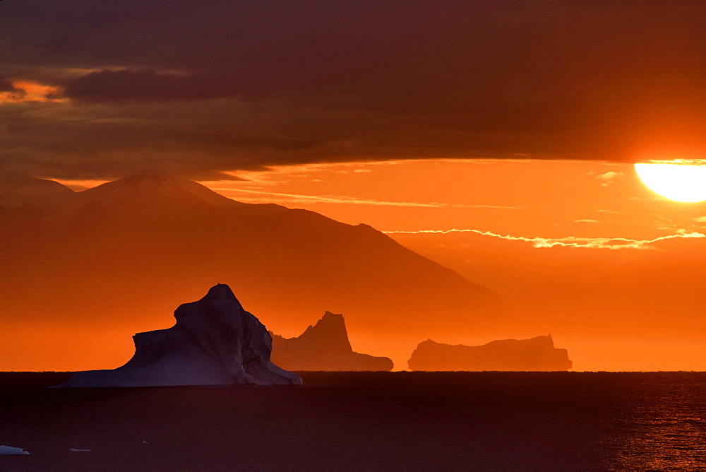 Sunset on icebergs in the Scoresbysund, North East Greenland