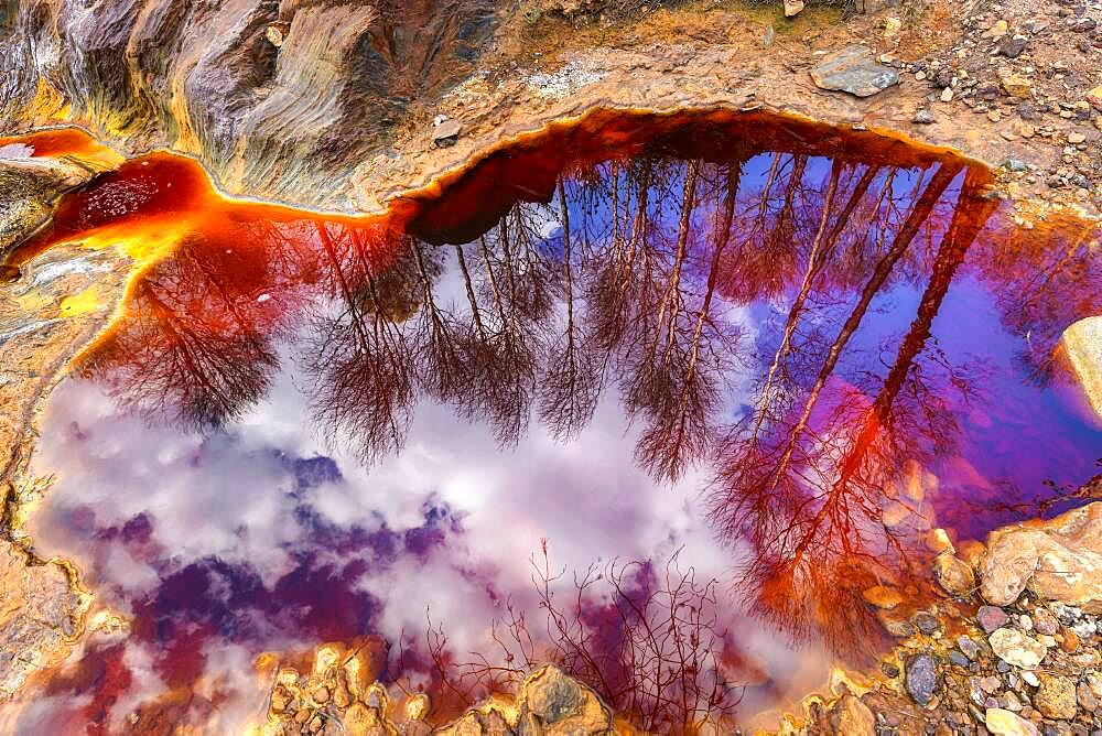 Reflections on Rio Tinto, near its source, Andalusia, Spain *** Local Caption *** R?o Tinto ("Red River") is very acidic (Ph 2) and has a deep reddish hue due to iron dissolved in water. The acidity of the watercourse is linked to the drainage of pyrite, which is very present in the subsoil. Extremophilic and endemic bacteria and algae colonize the river bed, forming a fragile biofilm that evokes the hot springs of Yellowstone Park in the USA.