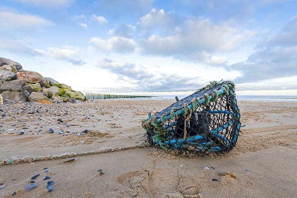 Fishing locker washed up on a beach, Sangatte, Hauts de France, France