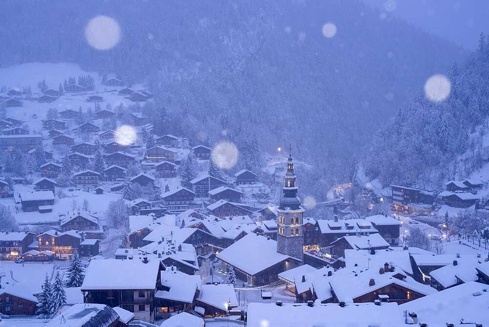 Snowfall above La Clusaz. Winter scene in Haute-Savoie, France