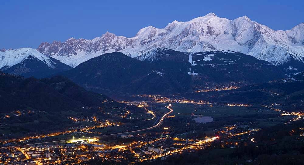 Panorama of Mont-Blanc at twilight, and Arve valley. Shooting above Sallanches. Haute-Savoie, France