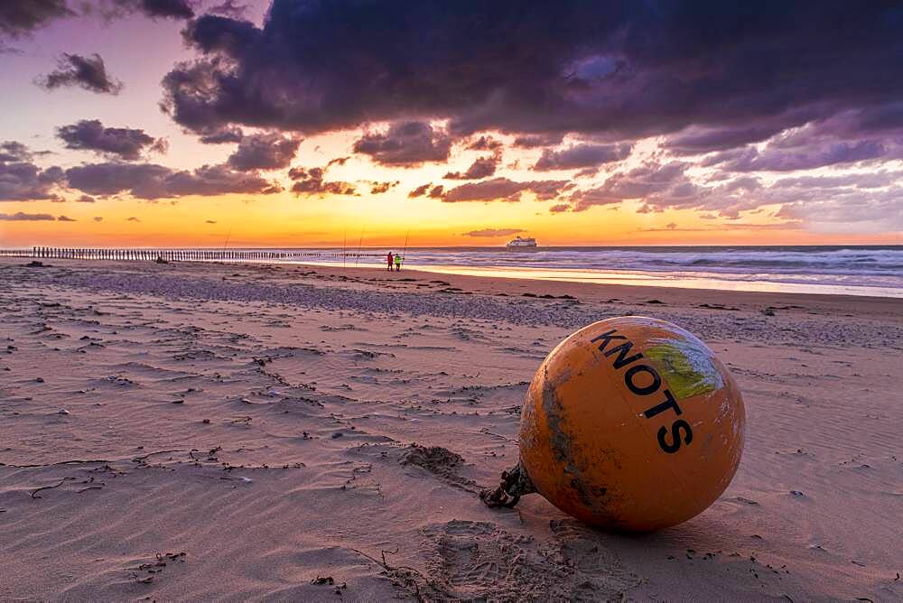 Buoy stranded on the beach of Sangatte, at sunset, Hauts de France