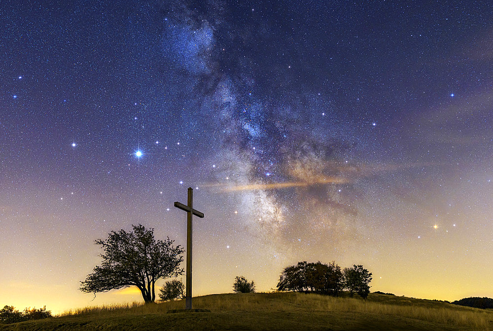 Jupiter, Saturn and the Milky Way over the Jura Mountains, Crêtes du Grand Colombier, South of the Jura Massif, France