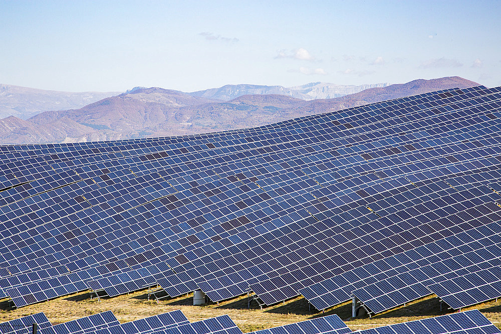 Large photovoltaic installation in a natural environment above Les Mees, Plateau de Valensole, Alpes de Haute Provence, France