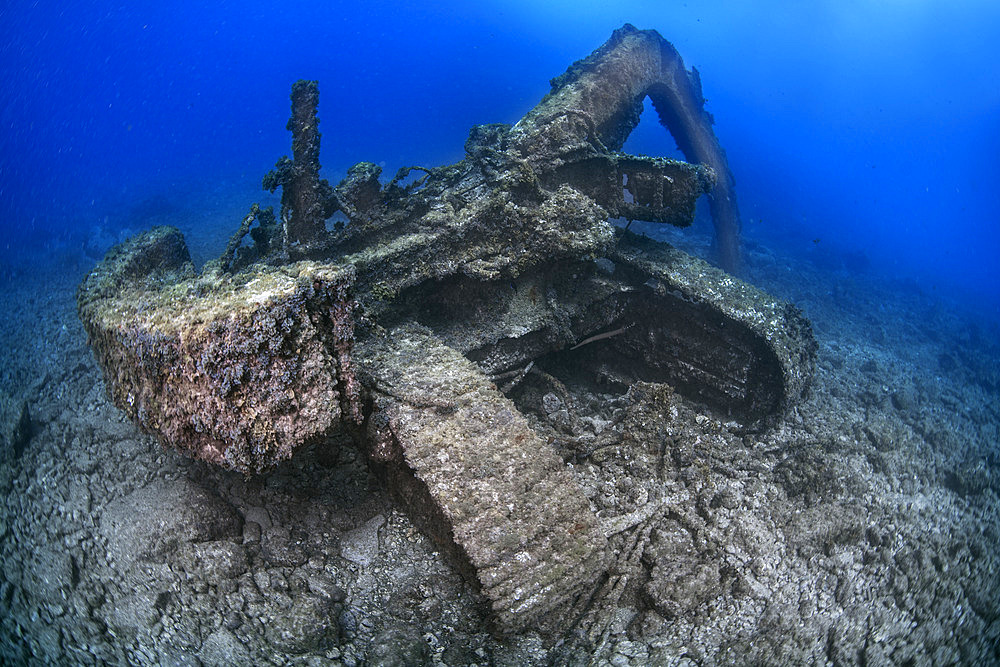 Sunken excavator. Despite not being heavily colonized by marine species, it can be considered a wreck, or an artificial ecosystem of scenic interest for divers. Underwater bottoms of Tenerife, Canary Islands.