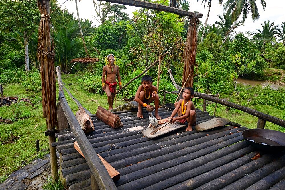 Mentawai boys and chikens, Siberut, Mentawai, Indonesia