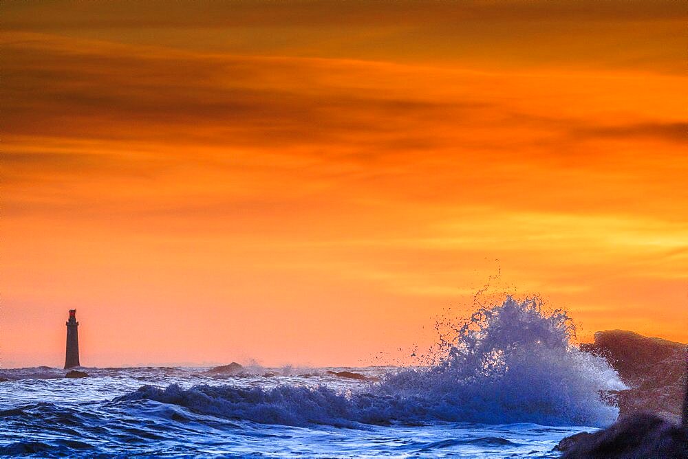 Rough sea and Barges lighthouse at sunset, Les Sables d'Olonne, Vendee, Pays de la Loire, France