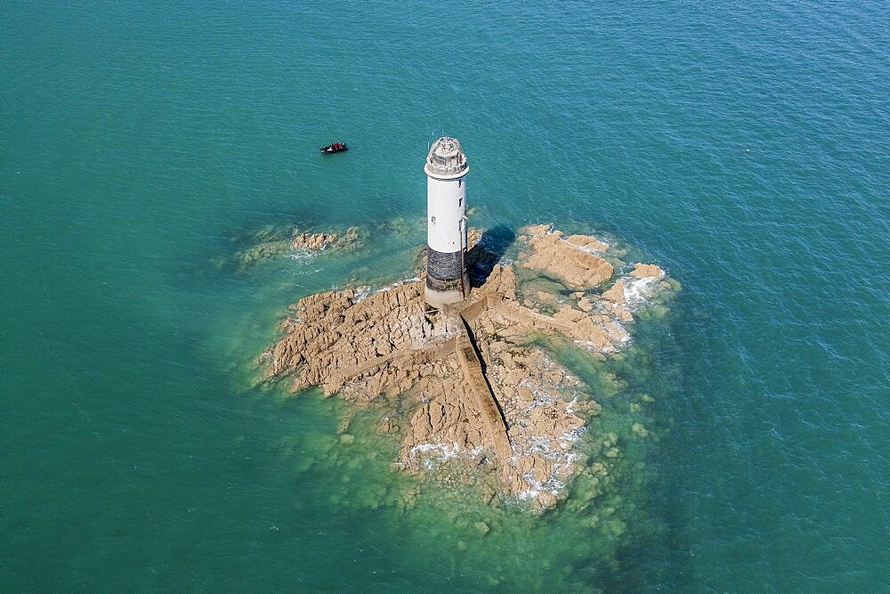 Senequet lighthouse on the rock of the same name 3.8 km off Gouville-sur-Mer, Cotentin, Normandy, France