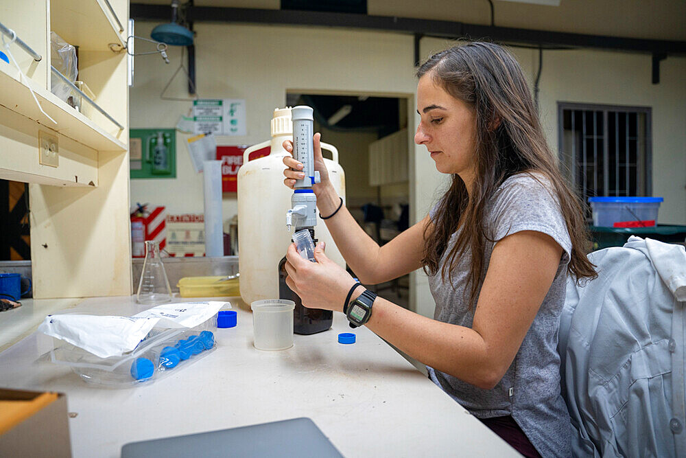 27-year-old researcher working in a lab on nitrogen exchange between bacteria and the roots of legumes in the rainforest at the "La Selva" research station in Puerto Viejo de Sarapiqui, Costa Rica