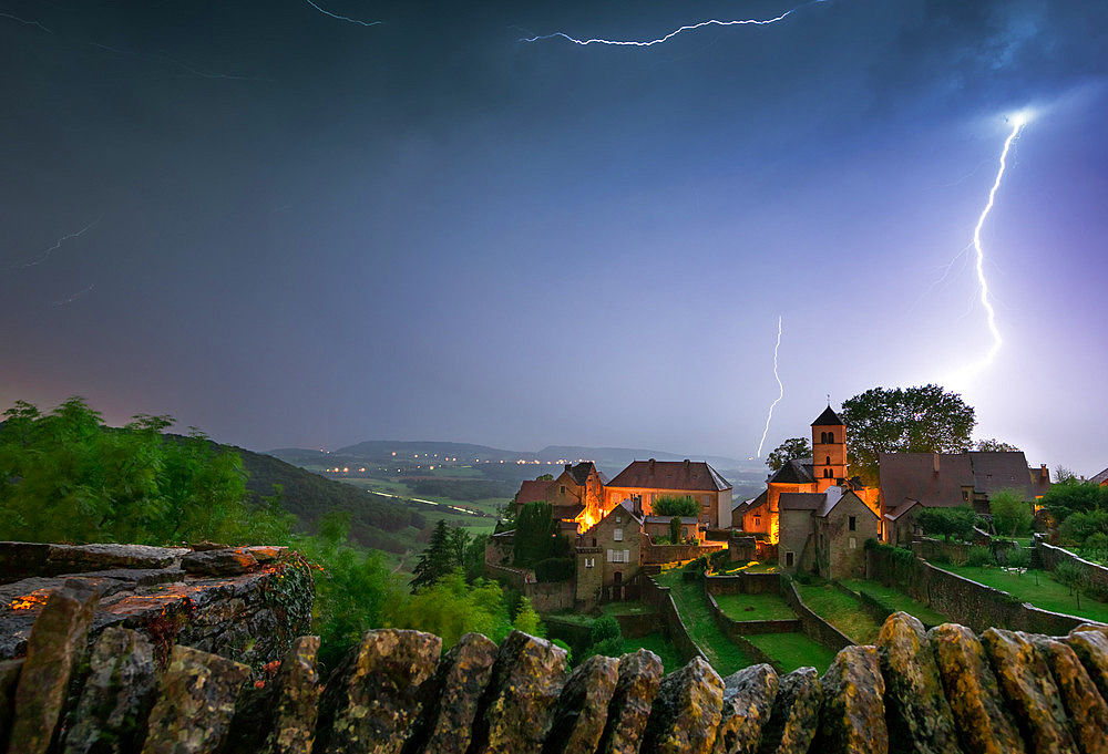 Storm over Chateau-Chalon, 'Most beautiful village in France', capital of Vin Jaune, Jura, France