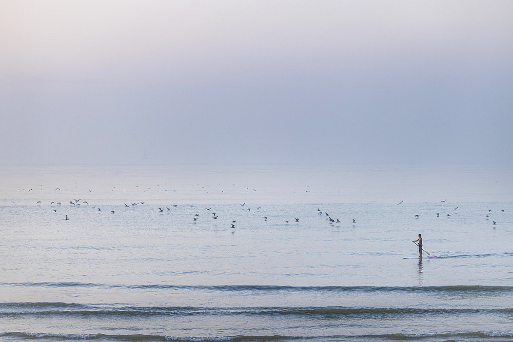 Paddleboarder on a misty sea, Cote d'Opale, Pas-de-Calais, France.