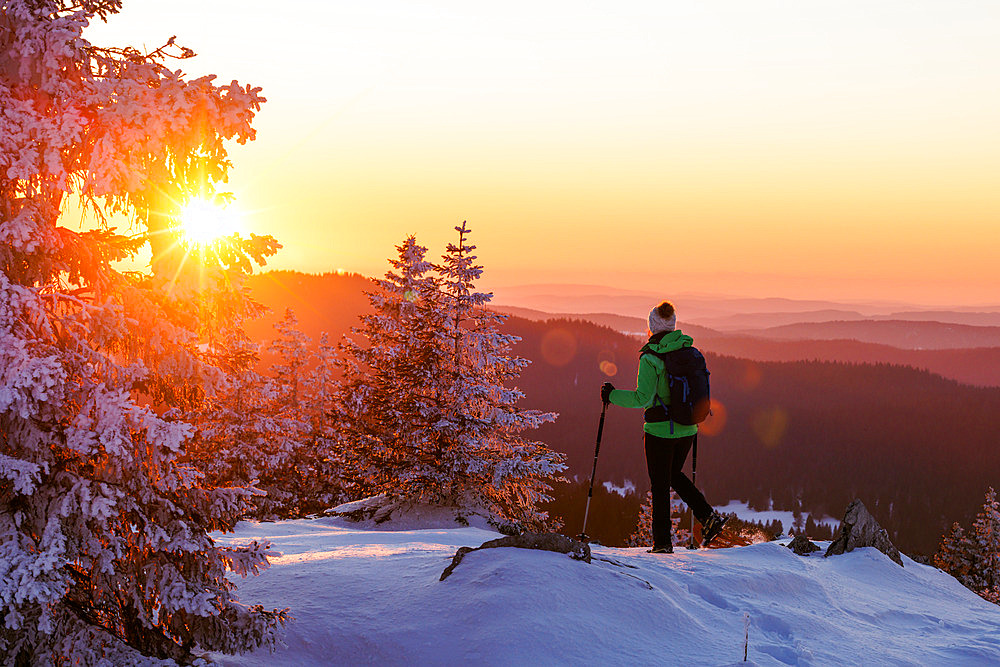 Snowshoeing at La Dole, Jura sur Leman ski resort, Canton Vaud, Switzerland