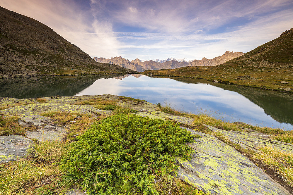 Lac Serpent (2448 m), Queyrellin ridge (2866 m) and Barre des ecrins (4102 m) in the background, upper Claree valley, Nevache, Hautes-Alpes, France