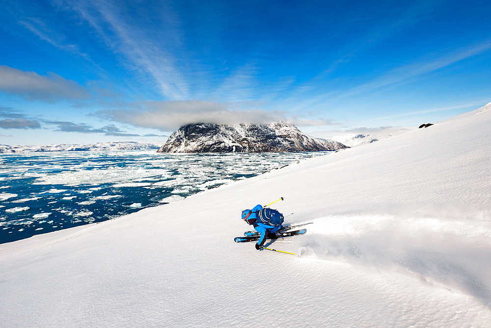 Skier in Nuuk fjord, Greenland