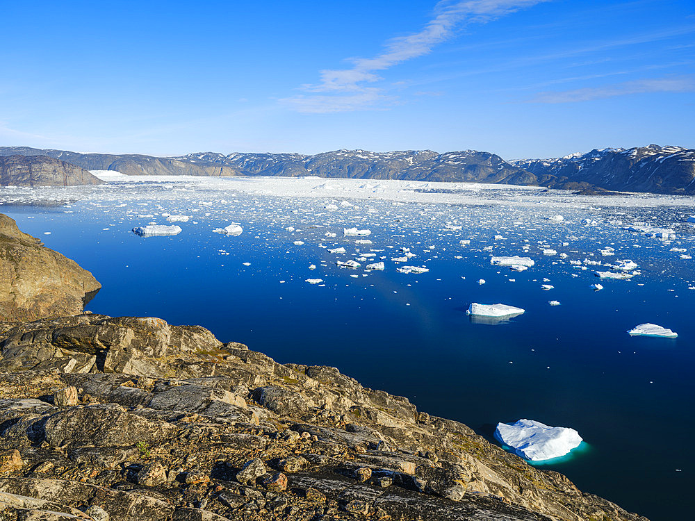 Store Glacier or Qarassap Sermia. Landscape with icebergs in the Uummannaq Fjord System in the northwest of Greenland, north of the polar circle. north america, Greenland, danish territory, summer