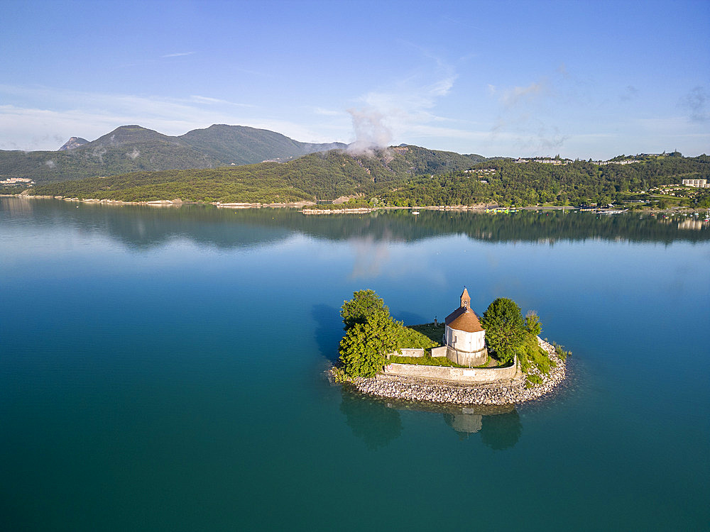 Lac de Serre-Poncon, 12th-century Saint-Michel chapel (aerial view), Prunieres, Hautes-Alpes, France