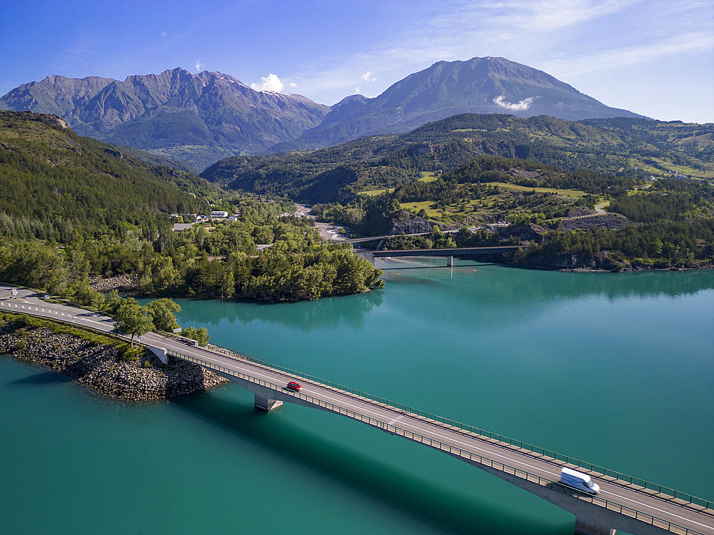 Savines bridge on Route Nationale 94 over Lac de Serre-Poncon (aerial view), Savines-le-Lac, Hautes-Alpes, France