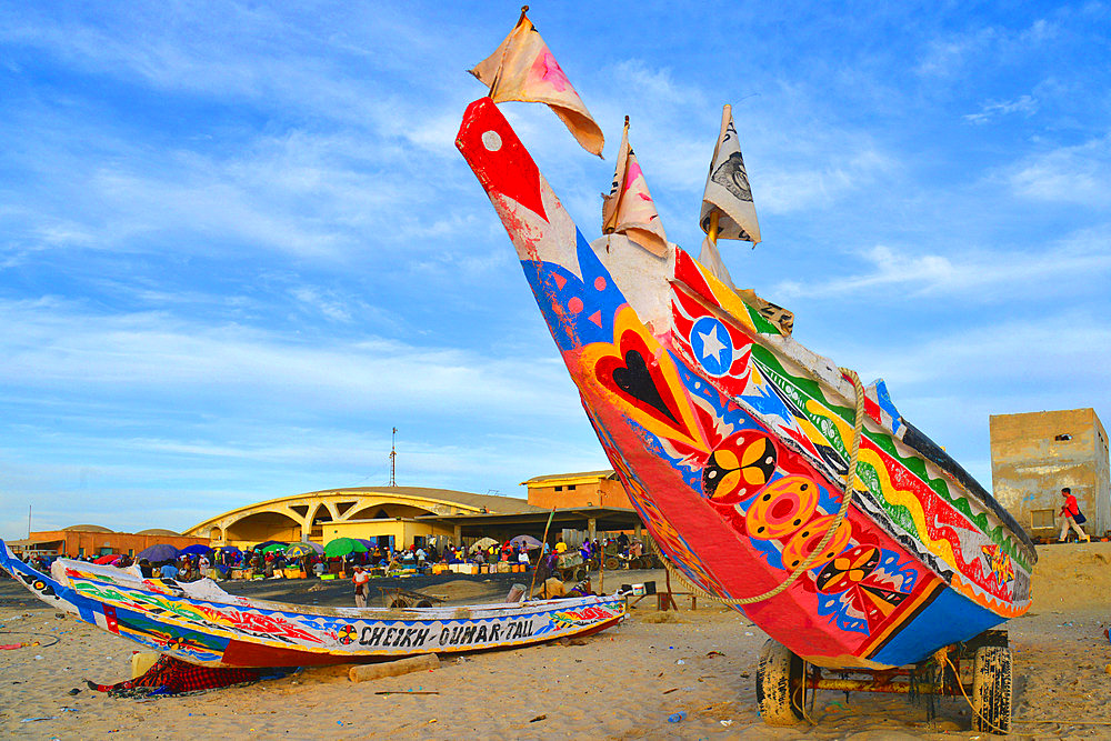 Colorfull fishing boats near the fish market of Nouakchott. Nouakchott. Mauritania.