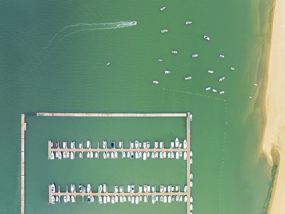 Marina wharves at the river mouth of the Piedras River. Aerial view. Drone shot. Huelva province, Andalusia, Spain.