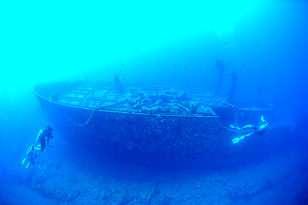 Wreck of the Boga, patrol vessel used by the Indonesian government voluntarily sunk in September 2012, to provide additional wreckage for diving in the area to become an artificial reef and allow diving to develop in Kubu. The wreck now lies between 13 and 31m, with the bow just a few fin strokes from the shore. The current can be strong at this site. Tulamben, Bali, Indonesia.