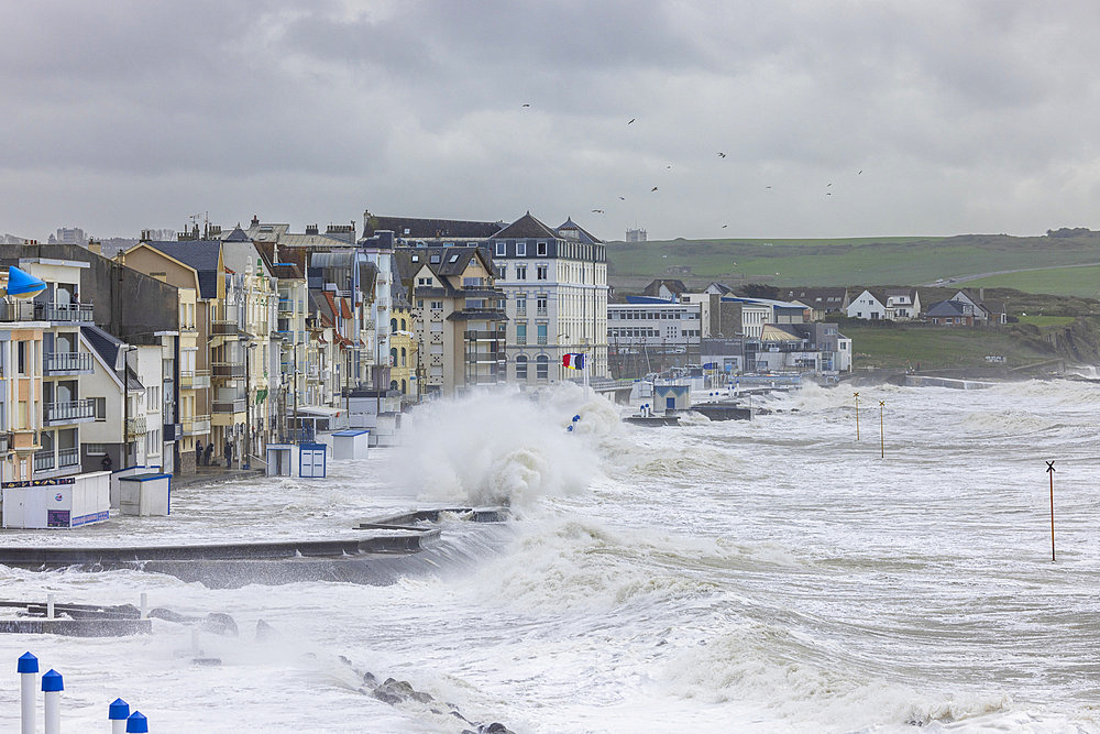 Waves hitting the Wimereux dyke during storm Pierrick, Cote d'Opale, Pas-de-Calais, France