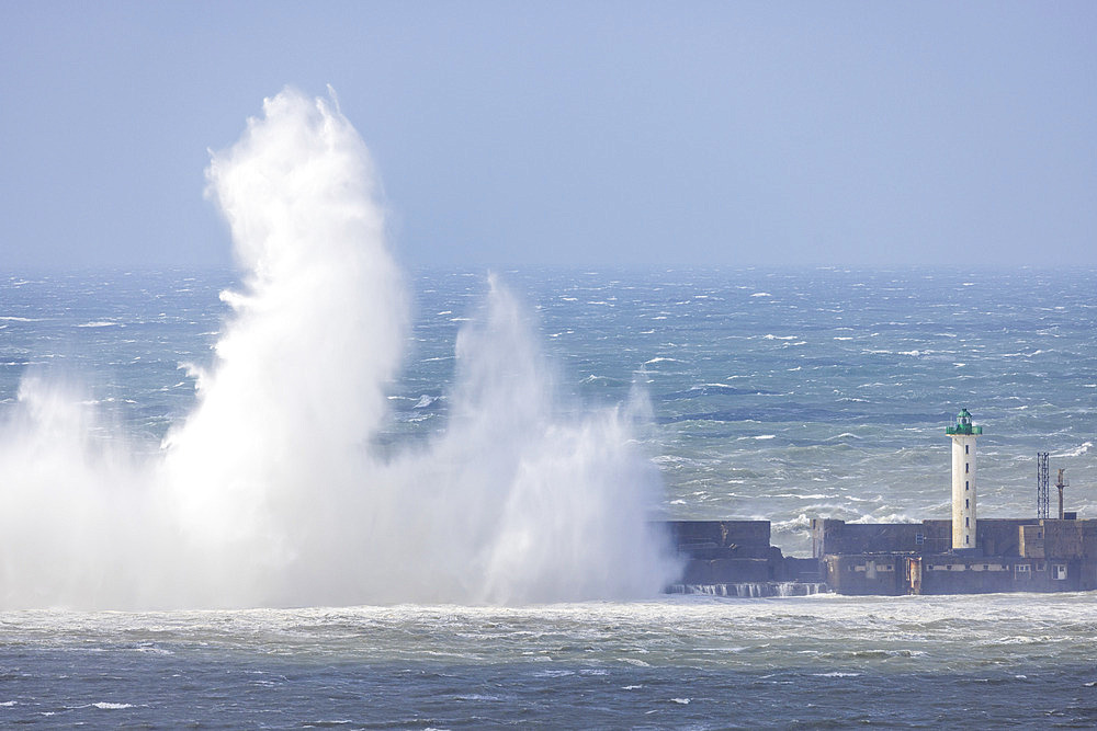 Waves hitting the Carnot dyke in Boulogne-sur-mer during storm Pierrick, Cote d'Opale, Pas-de-Calais, France